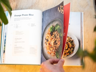 white and red labelled recipe book