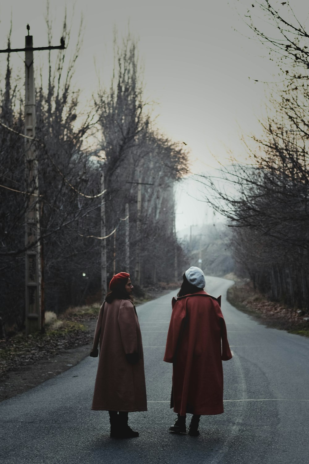 Personne en manteau rouge marchant sur la route entre les arbres nus pendant la journée