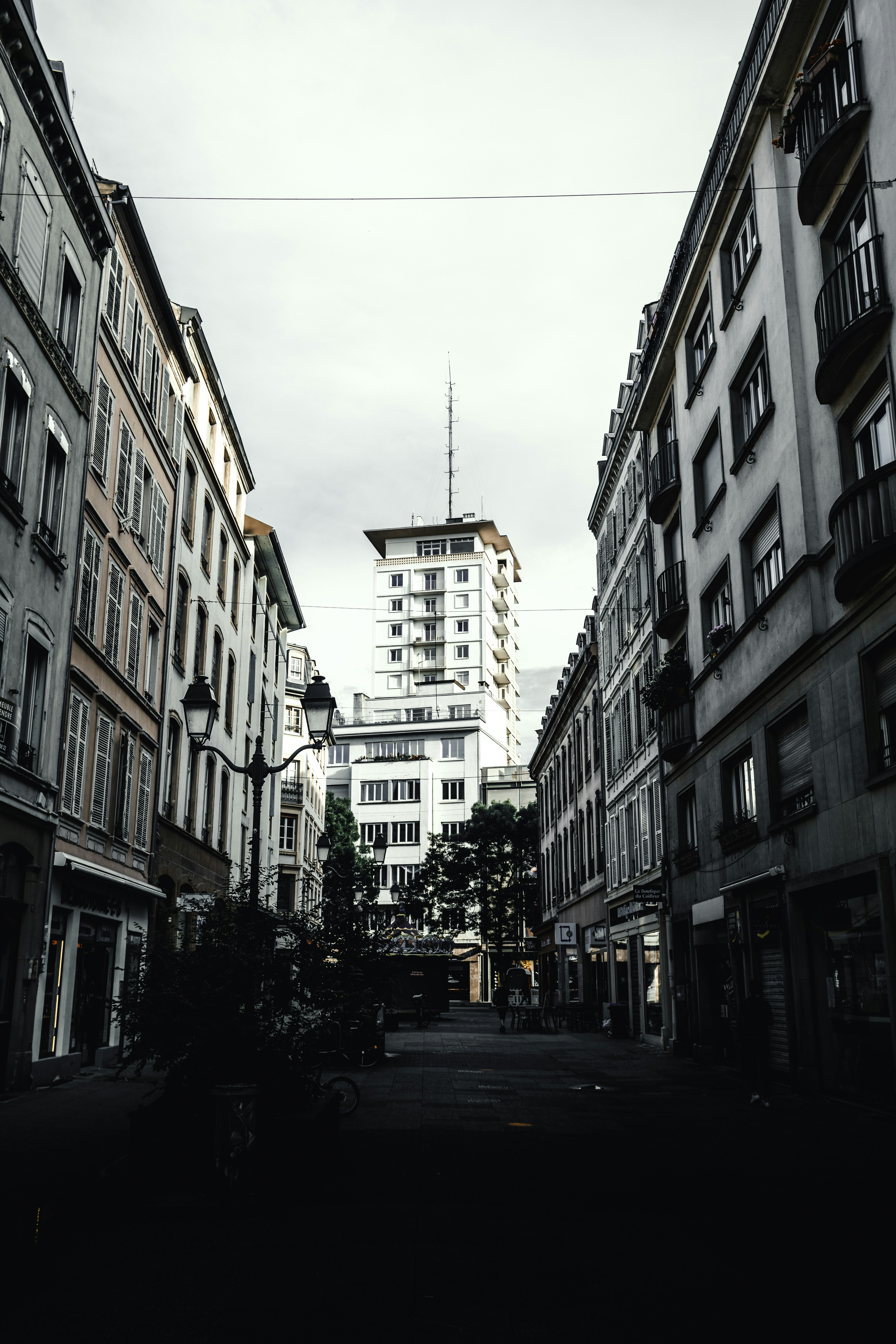 Tower in center.