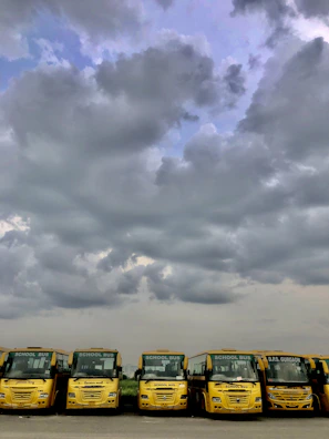 A line of Kabu buses ready for morning school runs under a clear sky.