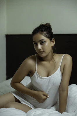 woman in white tank top sitting on bed