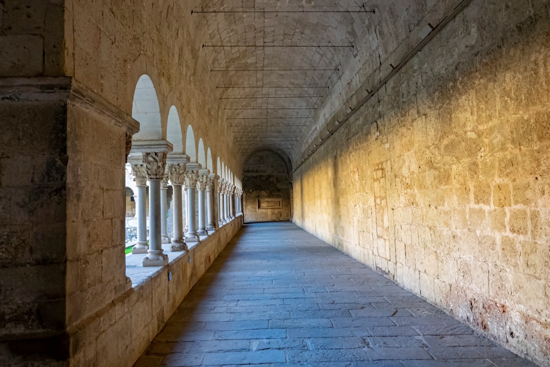 blue and white concrete hallway