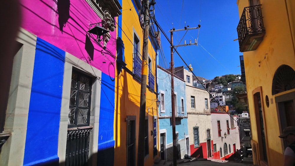 yellow blue and red concrete buildings