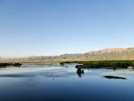 A serene landscape featuring a calm body of water surrounded by lush green vegetation. Mountains rise in the background under a clear blue sky. The tranquil setting suggests a peaceful natural environment.