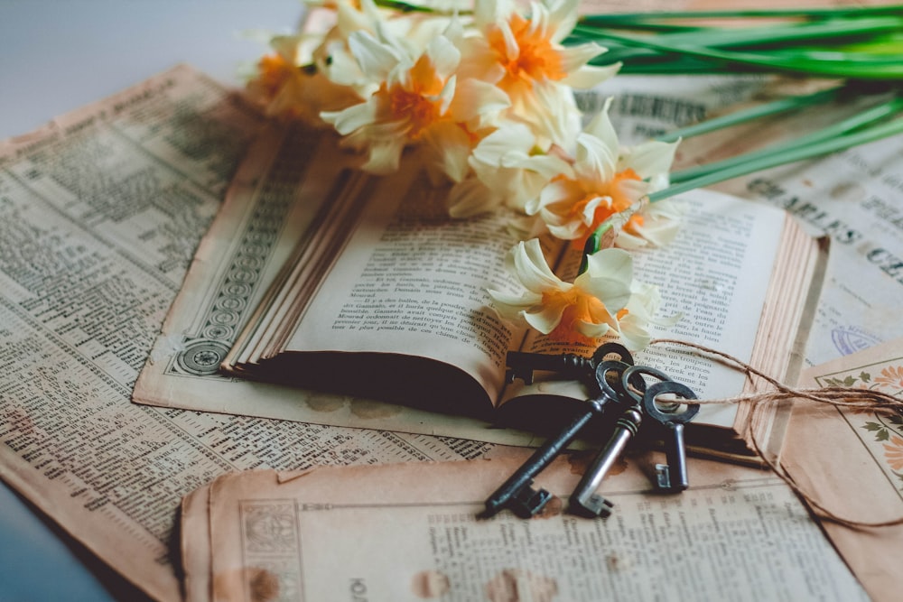 white and yellow flowers on white newspaper