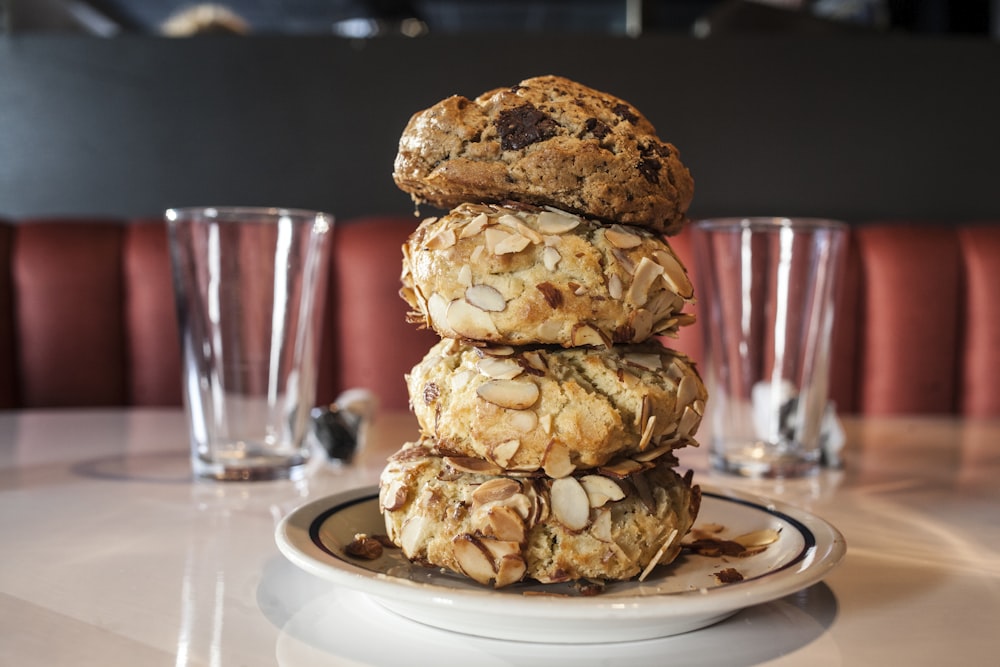 brown cookies on white ceramic plate