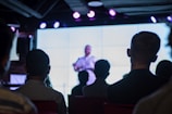 A group of people sit facing a large illuminated screen where a speaker is in focus. The setting appears to be a conference or presentation room with dim lighting and visible stage lights.