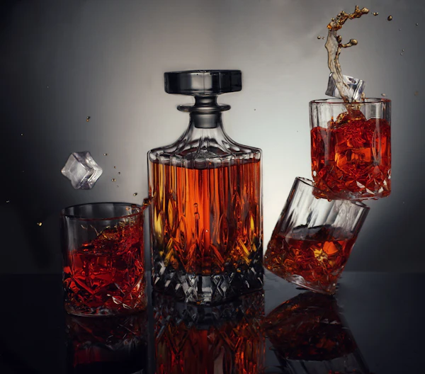 A crystal decanter and whisky glasses