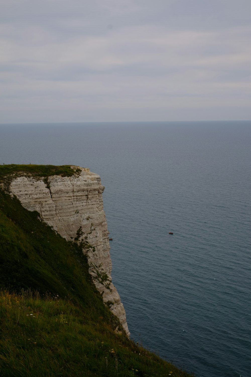 falaise verte et grise au bord de la mer pendant la journée