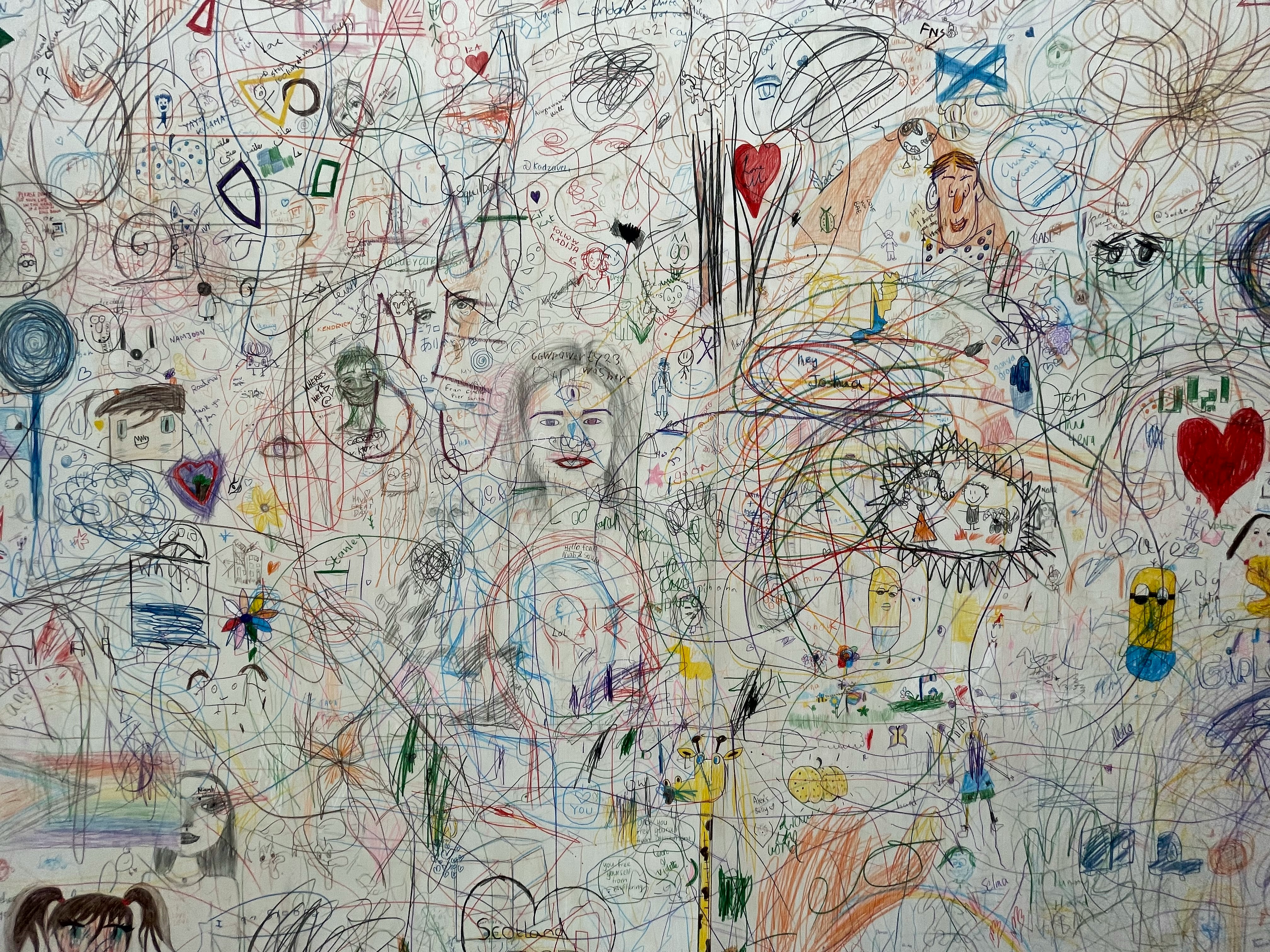 A wall of scribbles at the Tate Modern, London during the Please Draw Freely exhibition, July 2021