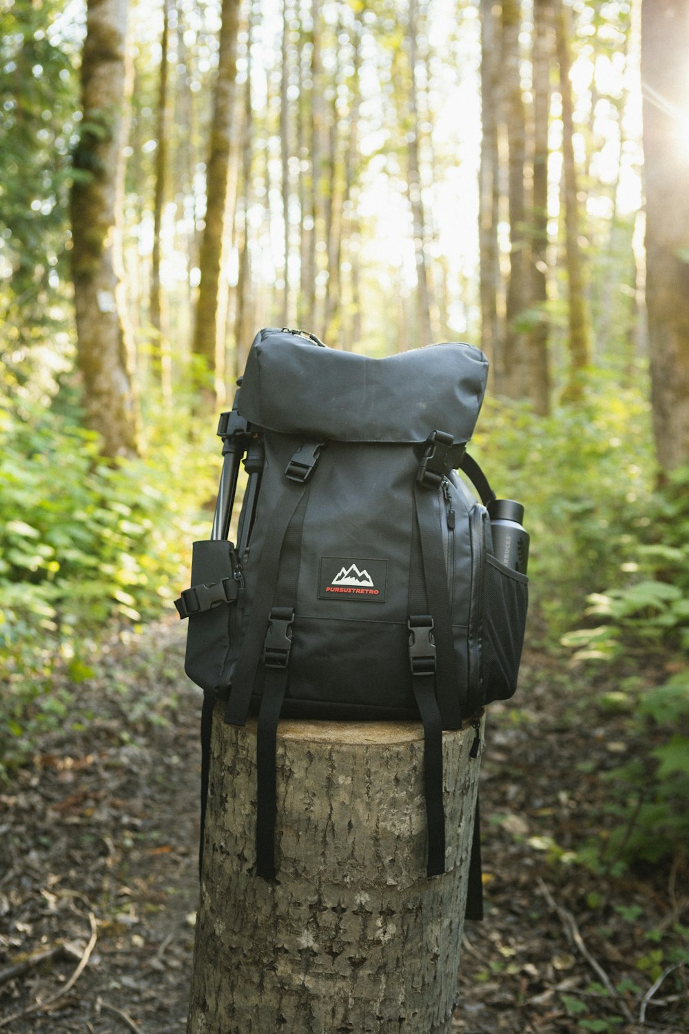 black backpack on brown wooden log