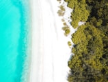 Aerial view of a pristine beach in Riviera Maya with turquoise waters and lush greenery.