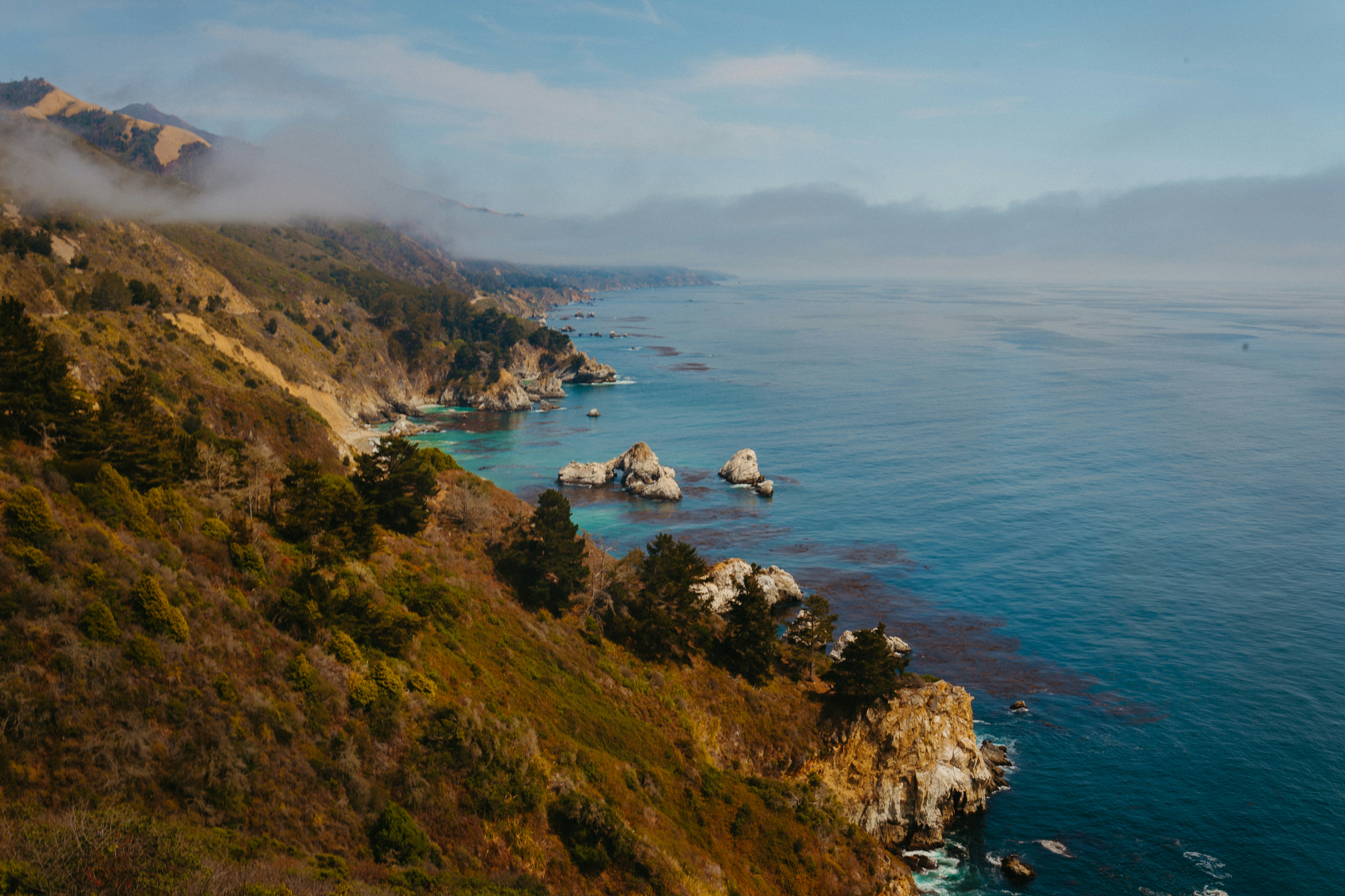 green grass covered mountain beside sea during daytime