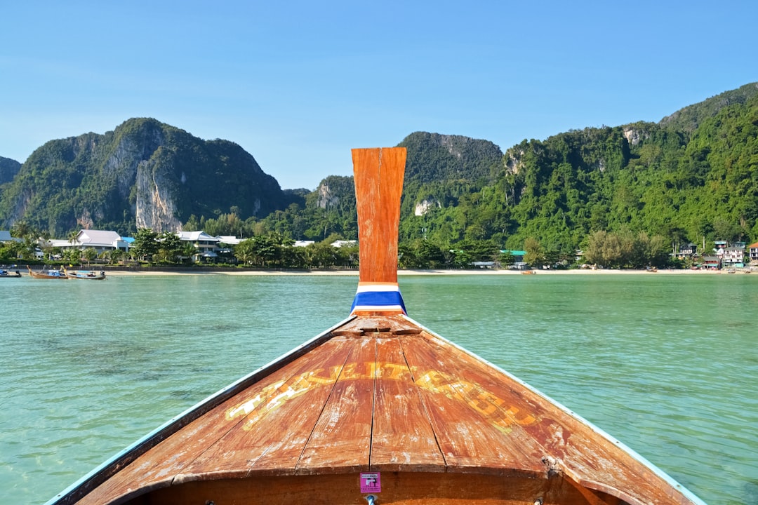 brown wooden boat on water near green mountain during daytime