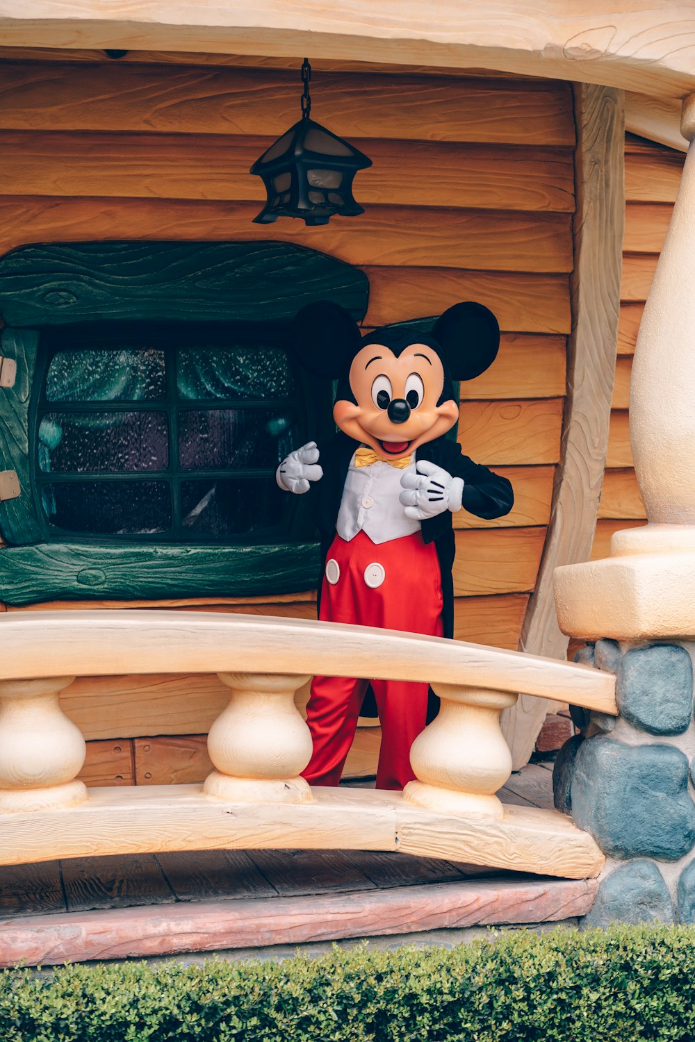 mickey mouse mascot standing on rock