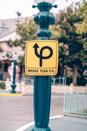 Yellow sign with black lettering and an unusual symbol indicating that a wrong turn is acceptable mounted on a dark blue decorative post. Background includes blurred trees, a building, and a street area.