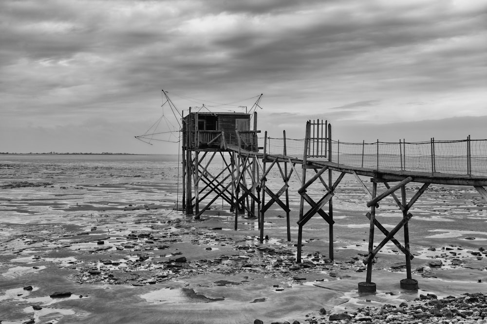 grayscale photo of wooden dock on beach