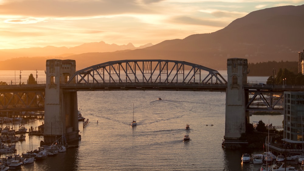 people on bridge over the river during sunset