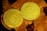 Two golden coins are placed on a surface covered with autumn leaves. One coin features the popular Shiba Inu meme associated with Dogecoin, displaying text such as 'wow' and 'how money', while the other showcases the Bitcoin logo and inscriptions related to blockchain technology.
