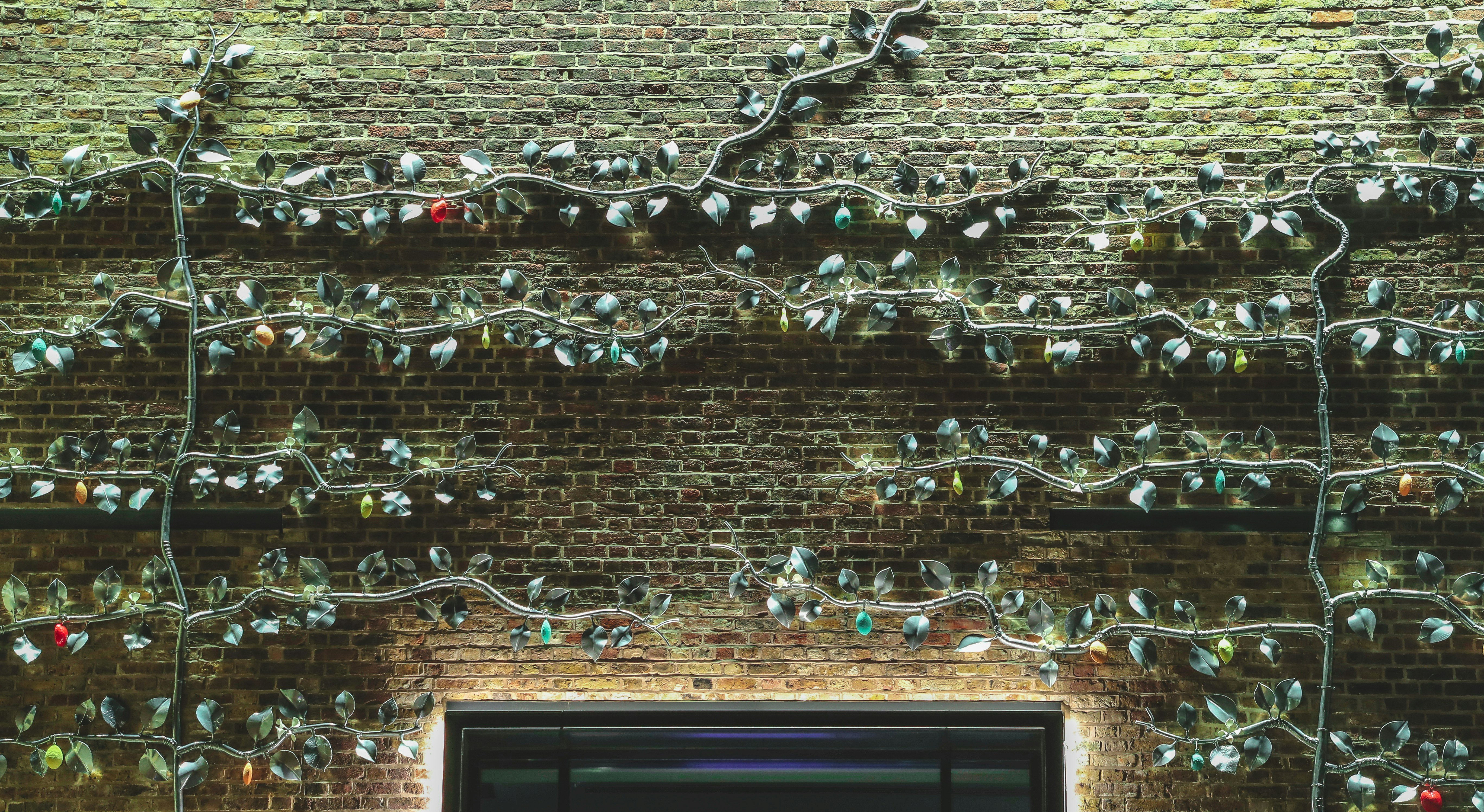 brown brick wall with white string lights