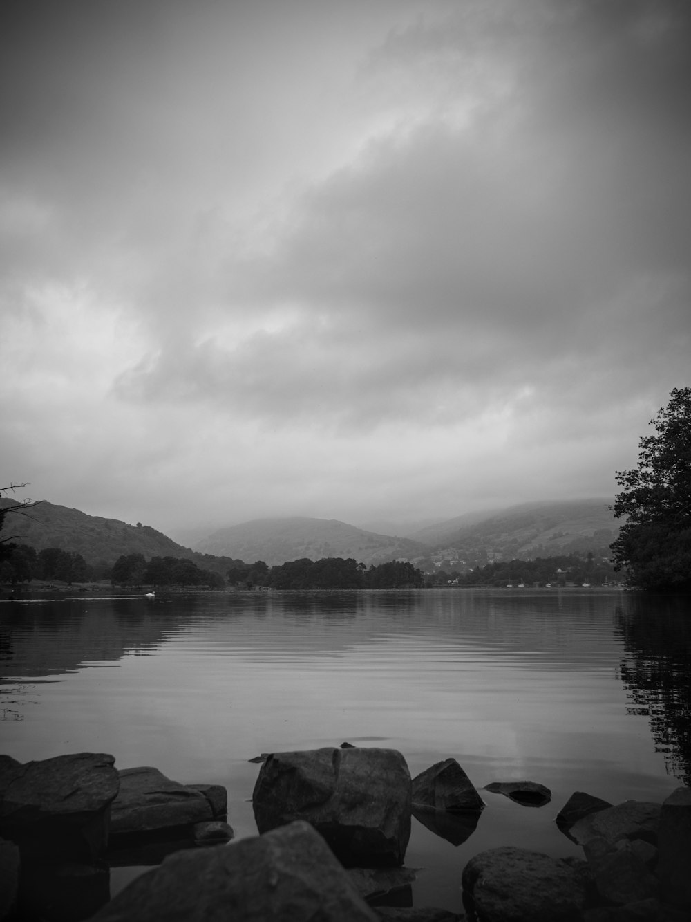foto in scala di grigi del lago e delle montagne