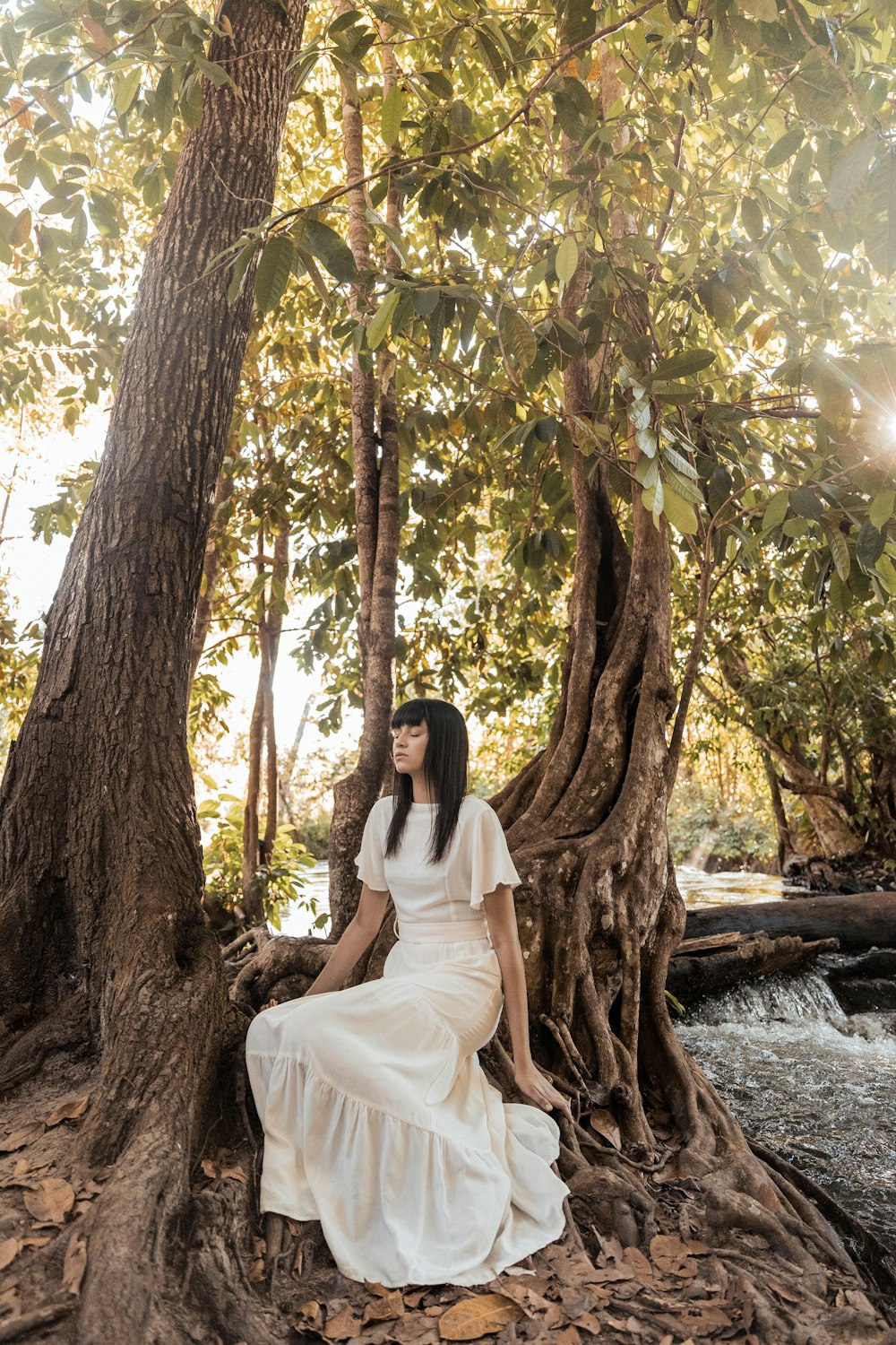 昼間、茶色の木の幹に座っている白いドレスを着た女性