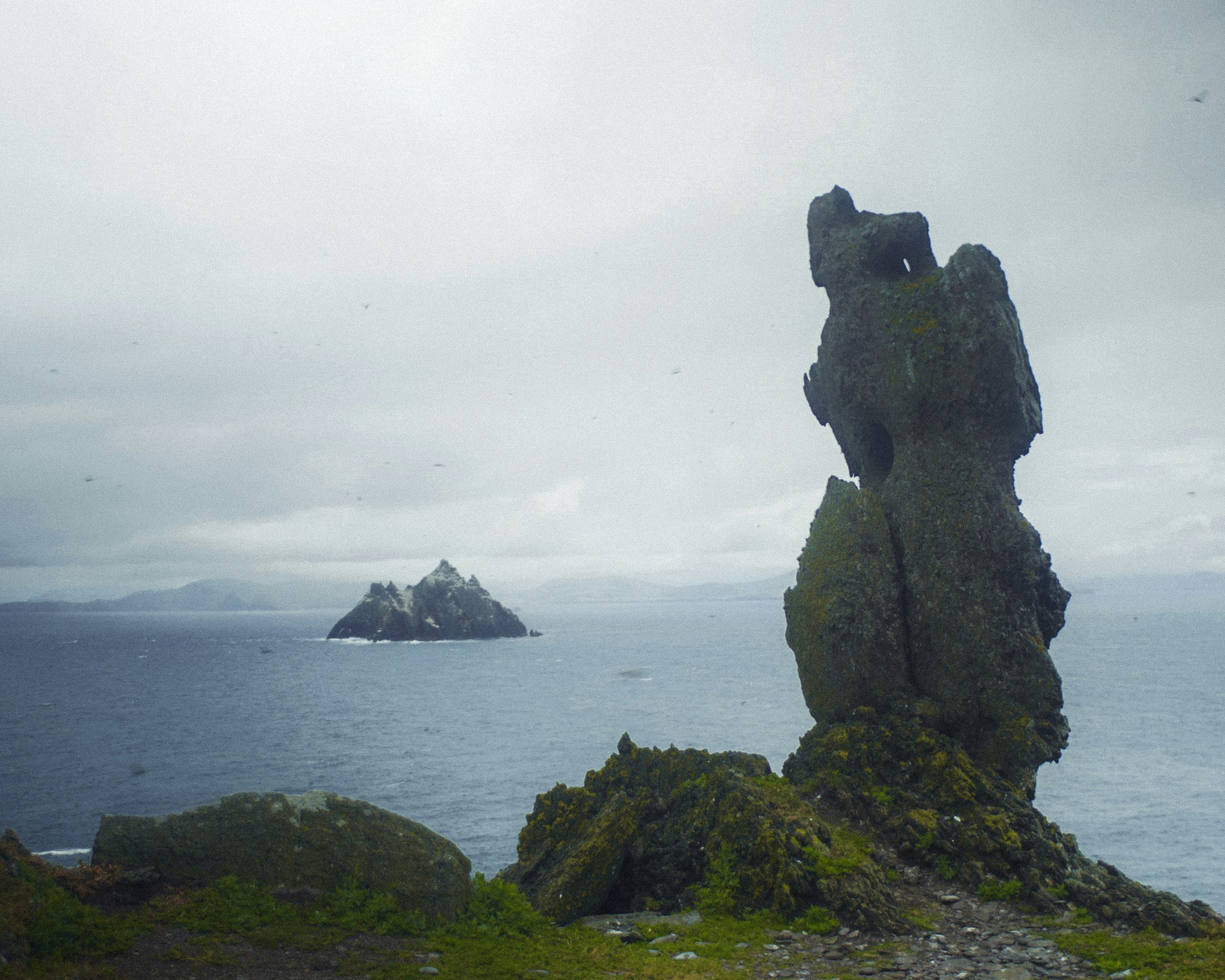 gray rock formation on green grass field near body of water during daytime