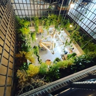 Aerial view of a modern indoor space adorned with lush greenery and contemporary lighting fixtures. The room features various plants hanging from the ceiling and placed around the perimeter, creating a garden-like atmosphere indoors. There are tables and chairs arranged neatly, and the area is illuminated with hanging light bulbs. The design incorporates natural elements within a structured environment, emphasizing vertical green walls and natural light.