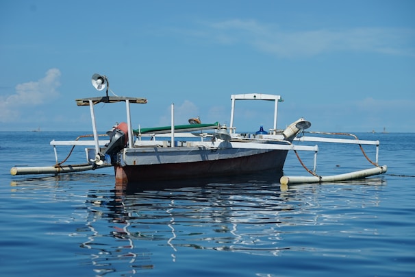 A sleek fishing boat equipped with electric motors and fishing platforms on calm waters.