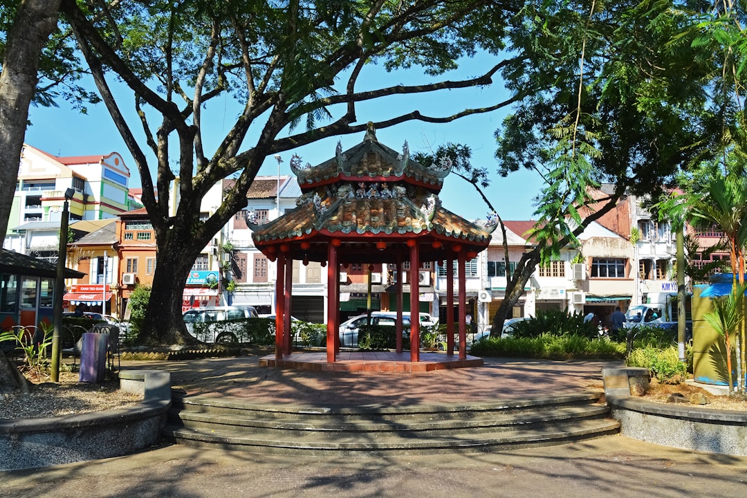 brown wooden gazebo near green trees during daytime