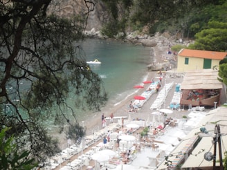A tranquil beach scene with lounge chairs and umbrellas line the shore. Several people are relaxing by the water, while others are walking along the beach. The sea is calm with a few small waves. Trees frame the upper part of the scene, and there is a building with a red roof to the right.