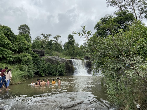 A group of friends enjoying a cold plunge in a natural setting.
