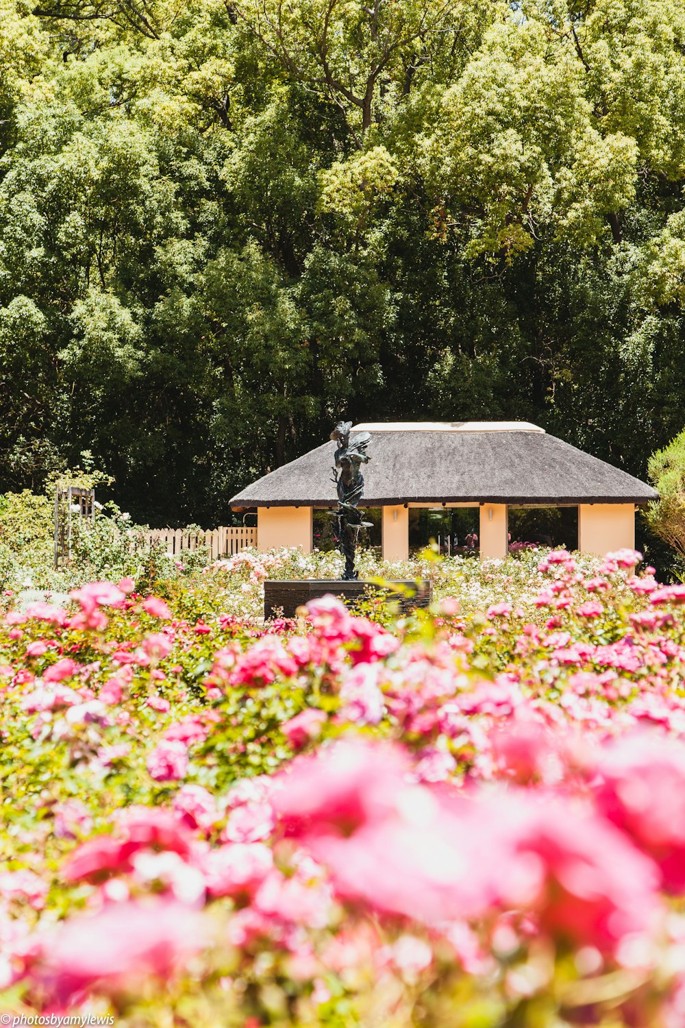 brown wooden house surrounded by green trees and pink flowers