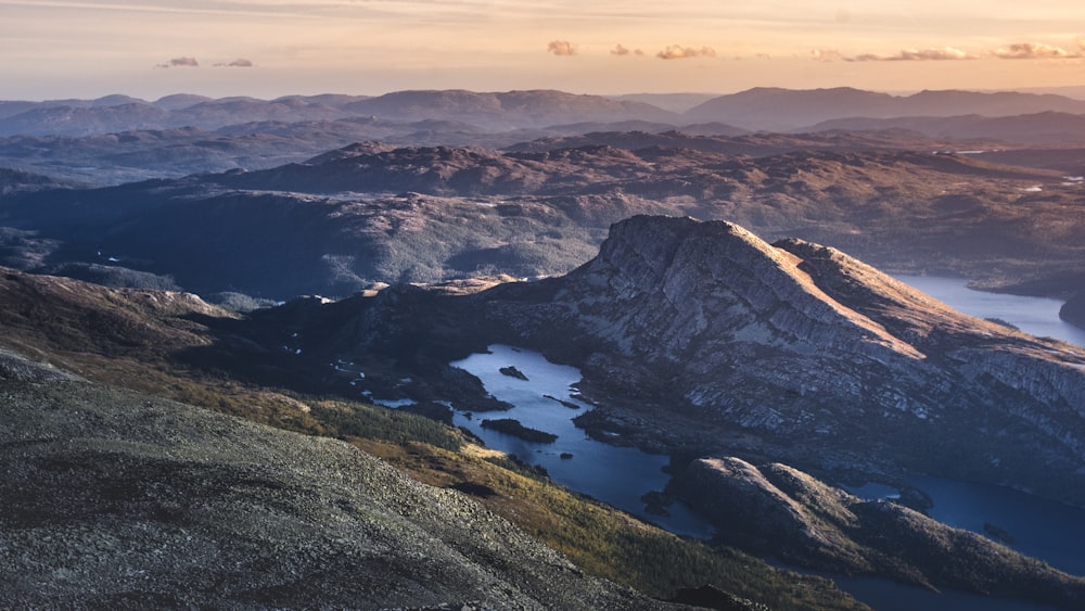 aerial view of lake in the middle of mountains during daytime