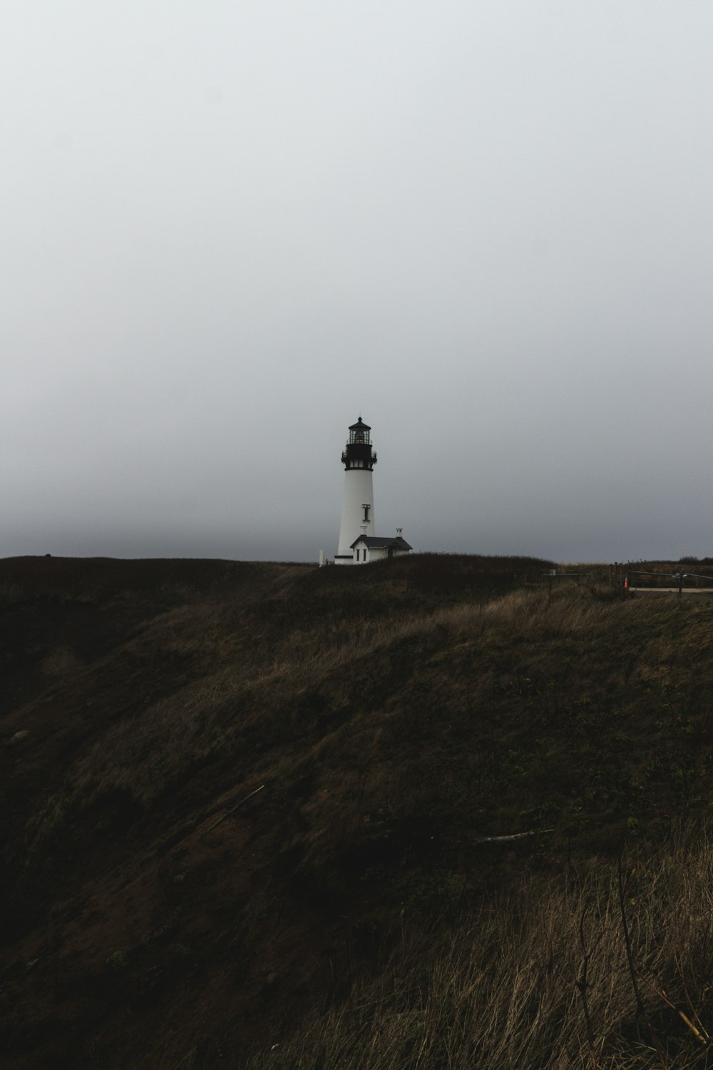 white lighthouse on green grass field under gray sky