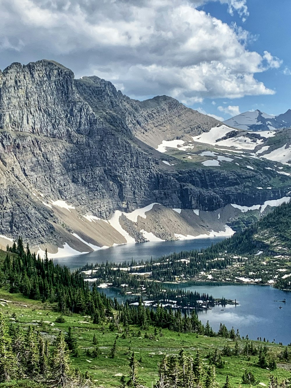 green trees near lake and snow covered mountain during daytime