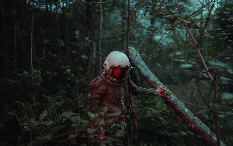 A crashed pilot or astronaut walking through a forest. Humanity and nature, technology and earth interact.