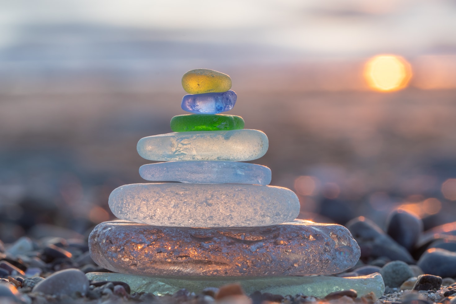 Not your average stack. Sea glass frosted and rounded by the sea over several years and displayed in a sunset.