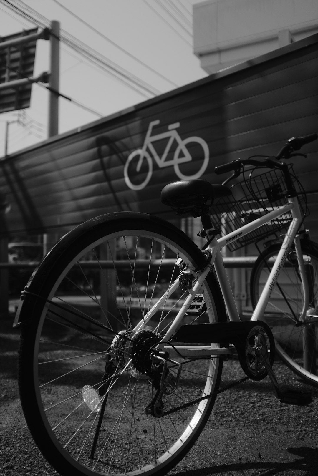 grayscale photo of bicycle parked beside wall