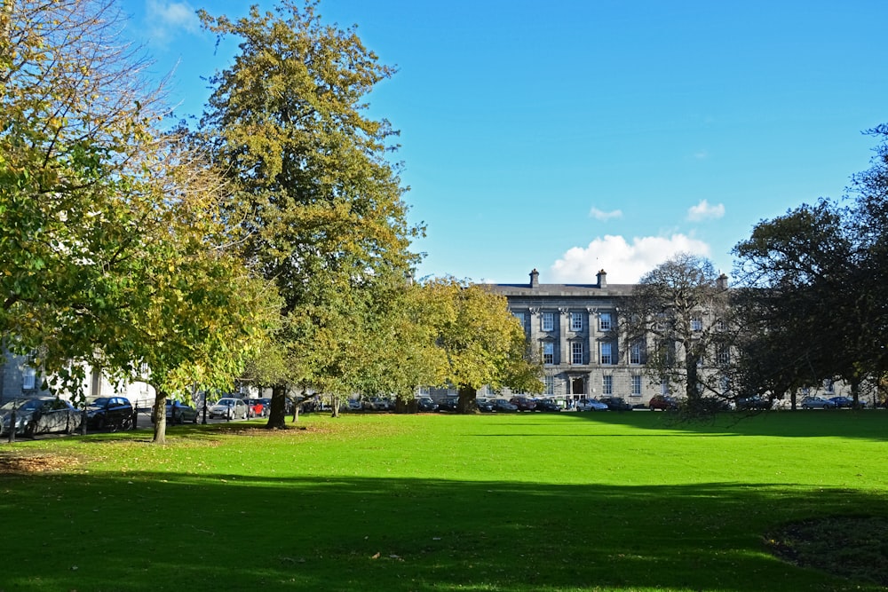 green grass field with trees and building in distance