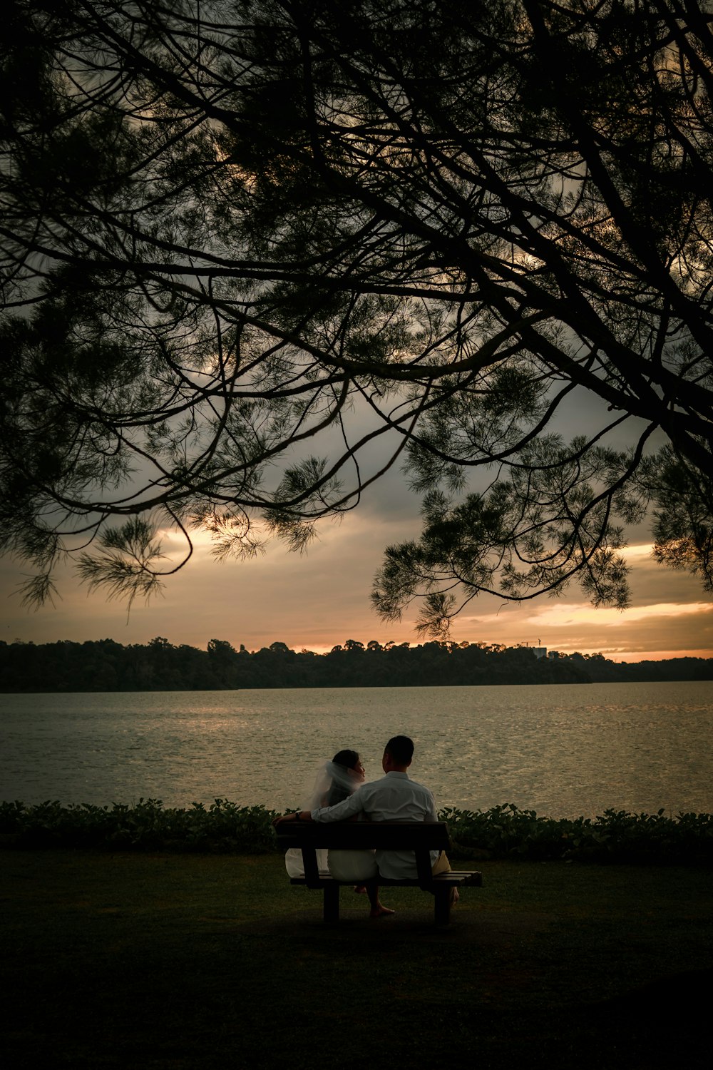 man sitting on bench near body of water during sunset