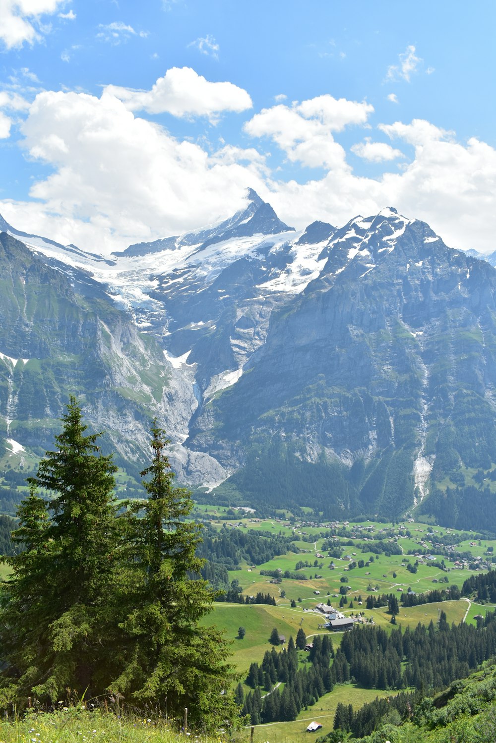 green trees near mountain under white clouds during daytime