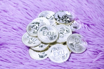 A pile of silver coins marked with 'EXU' is placed on a purple, plush fabric background. The coins appear new and shiny, featuring a decorative border and embossed designs.