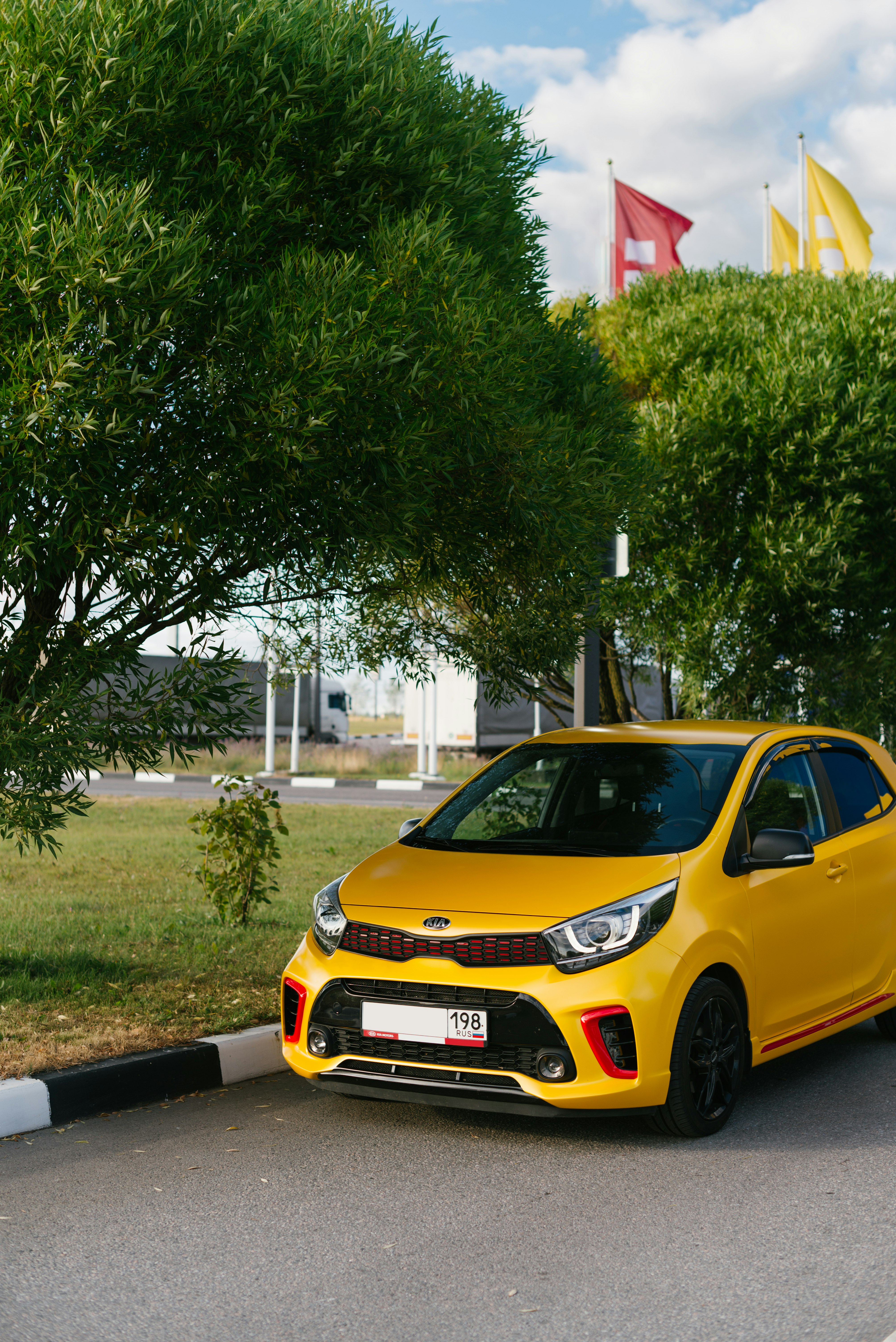 yellow car parked near green tree during daytime