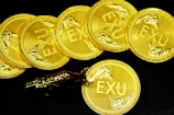 A collection of gold coins with the inscription 'EXU', each decorated with a detailed branch-like design. The coins are laid out in a slightly overlapping arrangement on a black background. A metallic bull figurine rests on one of the coins, adding an element of interest and contrast.