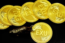 A collection of gold coins with the inscription 'EXU', each decorated with a detailed branch-like design. The coins are laid out in a slightly overlapping arrangement on a black background. A metallic bull figurine rests on one of the coins, adding an element of interest and contrast.
