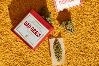 A vibrant yellow textured background sets the scene for a reddish box labeled 'Dad Grass', which is partially open with some dried green plant material visible. Nearby, more plant materials and a rolling paper with some of the same substance are positioned.