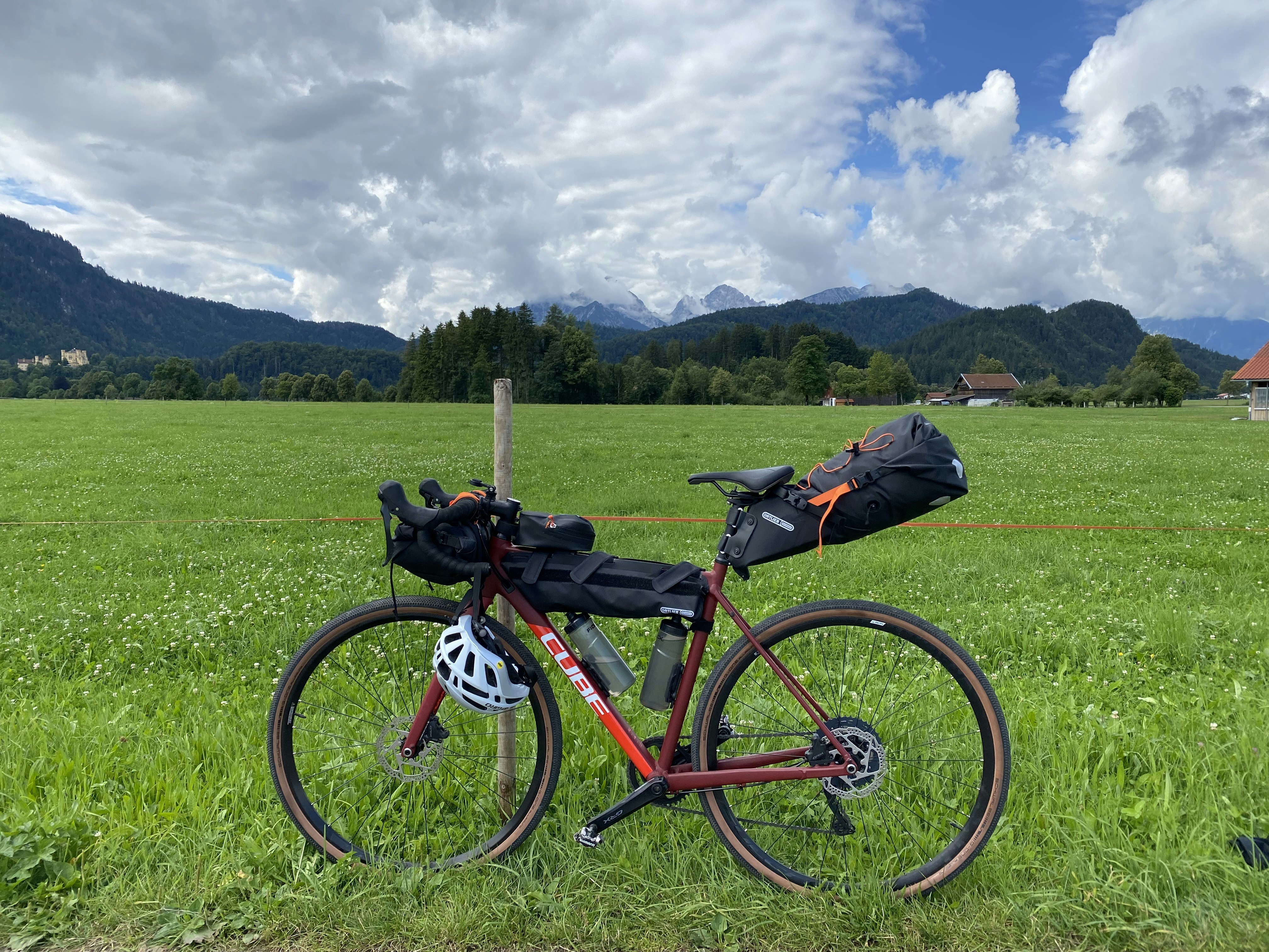 red and black mountain bike on green grass field during daytime