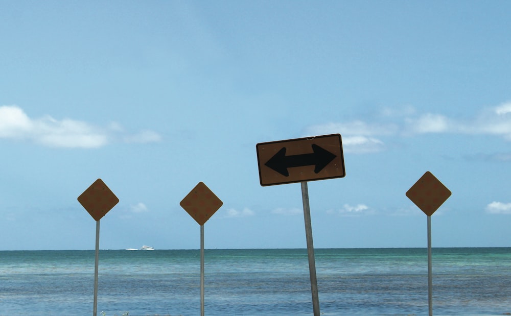 brown and black wooden signage near body of water during daytime