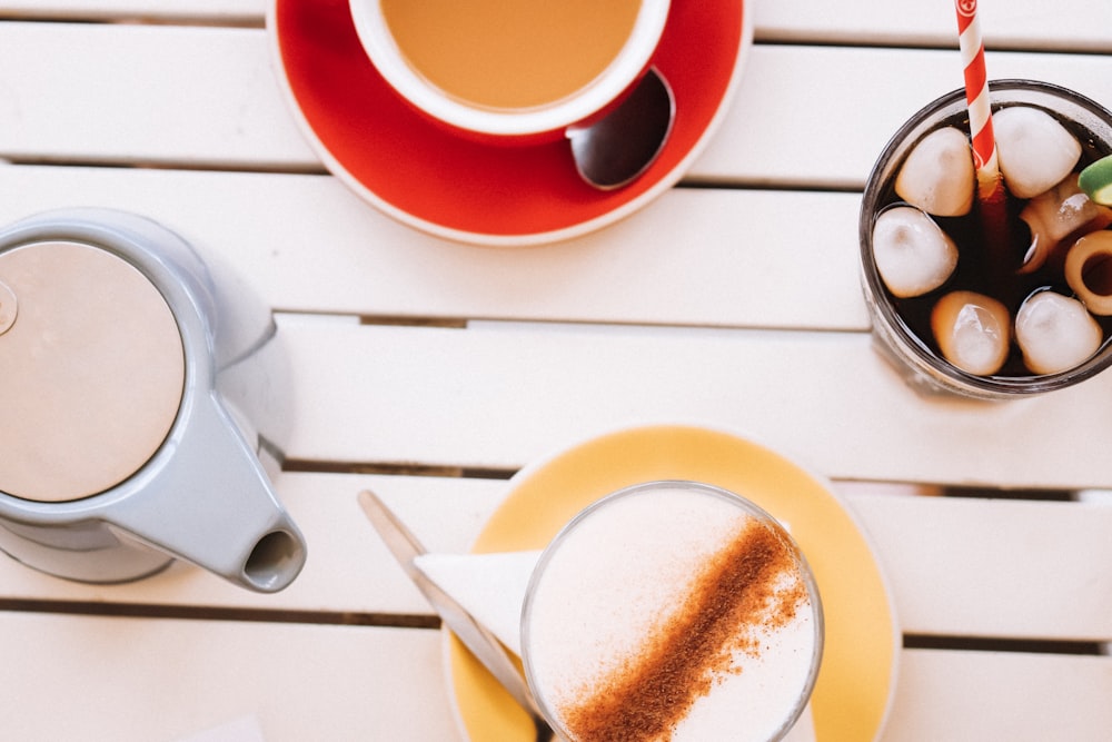 white ceramic mug on yellow ceramic saucer